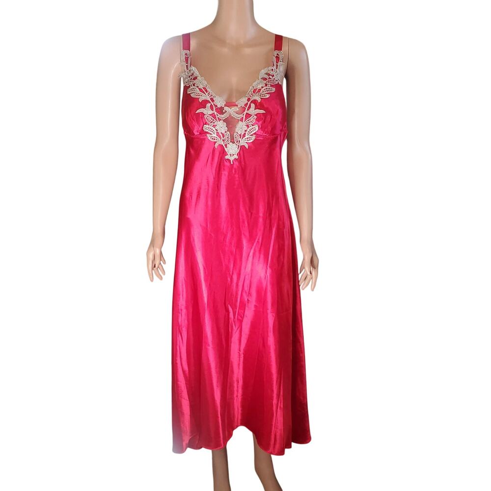 Y2K Satin Lace Applique Slip Dress Maxi Babydoll Nightgown Pink M Goddess